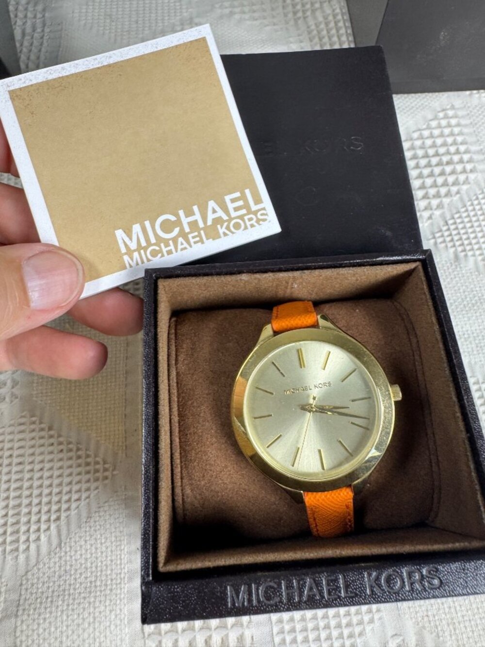 Michael Kors MK2275 Slim Runway Womens Gold Tone Watch Orange Leather Strap Box